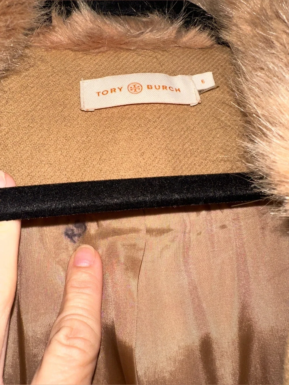 Tory Burch Celeste Coat Camel Faux Fur Collar Double Breasted Size 6